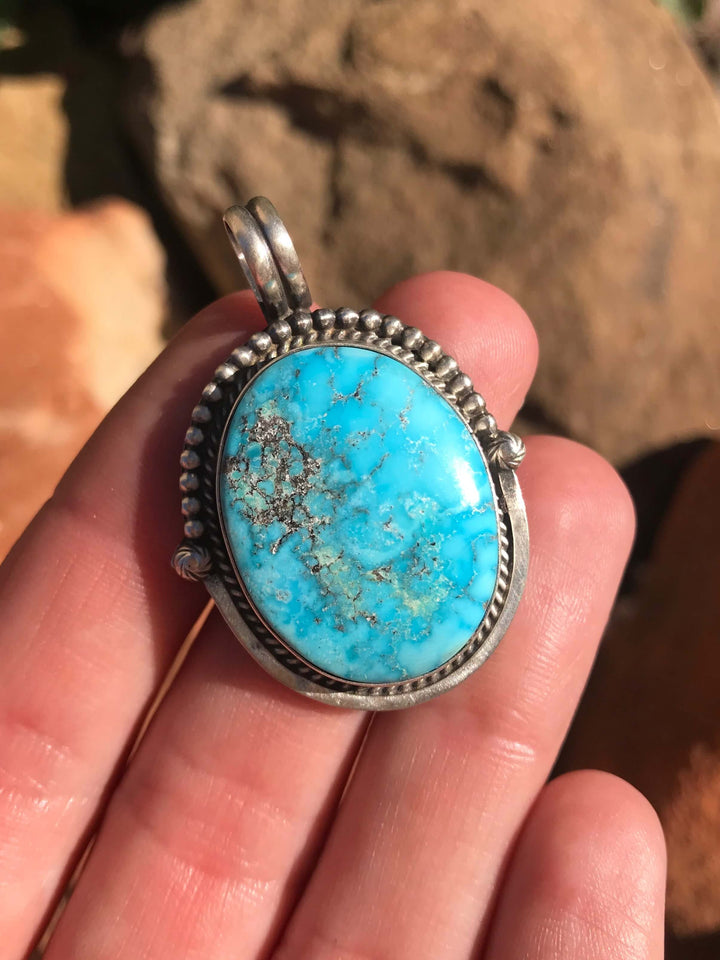 The Vamo Turquoise Pendant-Pendants-Calli Co., Turquoise and Silver Jewelry, Native American Handmade, Zuni Tribe, Navajo Tribe, Brock Texas