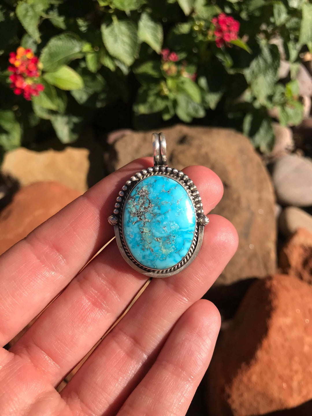 The Vamo Turquoise Pendant-Pendants-Calli Co., Turquoise and Silver Jewelry, Native American Handmade, Zuni Tribe, Navajo Tribe, Brock Texas