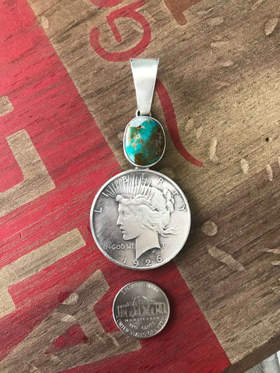 The Thorold Turquoise Liberty Dollar Pendant-Pendants-Calli Co., Turquoise and Silver Jewelry, Native American Handmade, Zuni Tribe, Navajo Tribe, Brock Texas