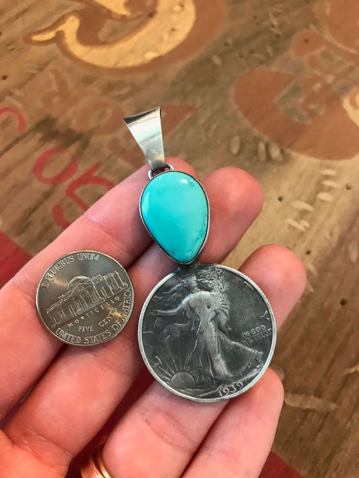 The Rochdale Turquoise Half-Dollar Pendant-Pendants-Calli Co., Turquoise and Silver Jewelry, Native American Handmade, Zuni Tribe, Navajo Tribe, Brock Texas