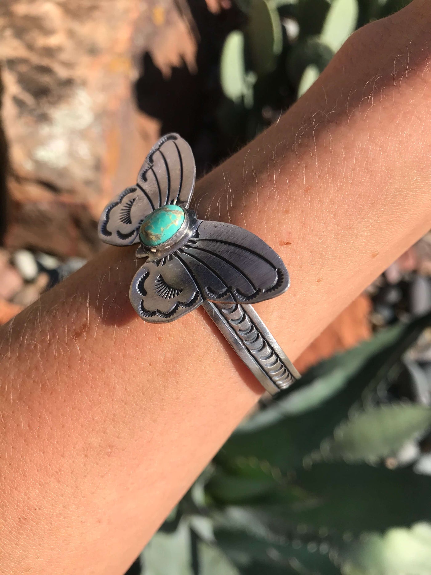 The Turquoise Butterfly Cuff, 20-Bracelets & Cuffs-Calli Co., Turquoise and Silver Jewelry, Native American Handmade, Zuni Tribe, Navajo Tribe, Brock Texas