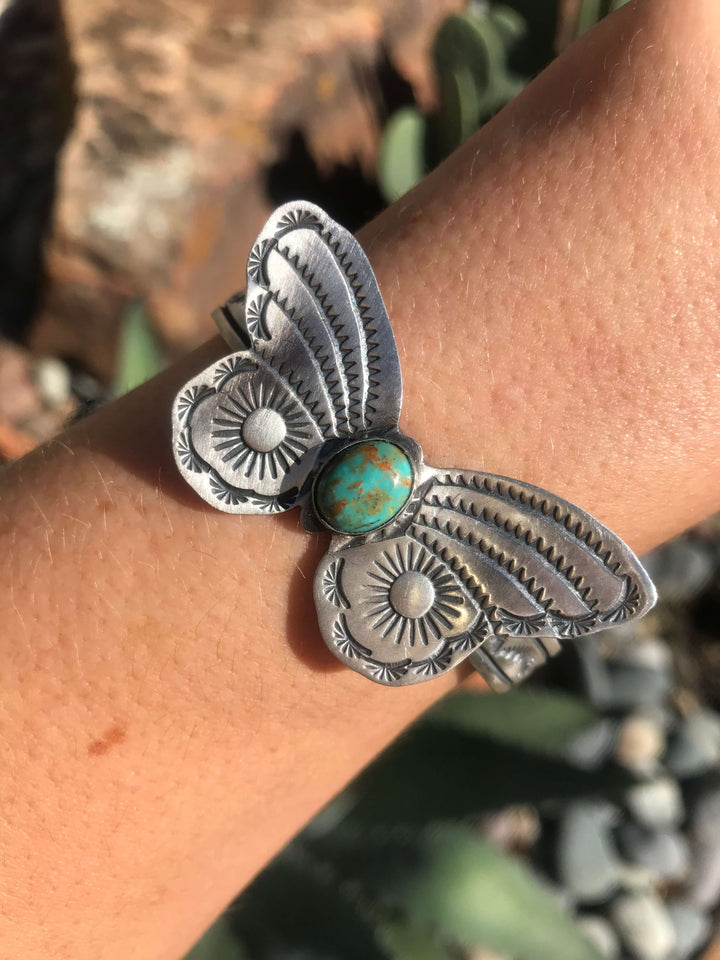 The Turquoise Butterfly Cuff, 18-Bracelets & Cuffs-Calli Co., Turquoise and Silver Jewelry, Native American Handmade, Zuni Tribe, Navajo Tribe, Brock Texas