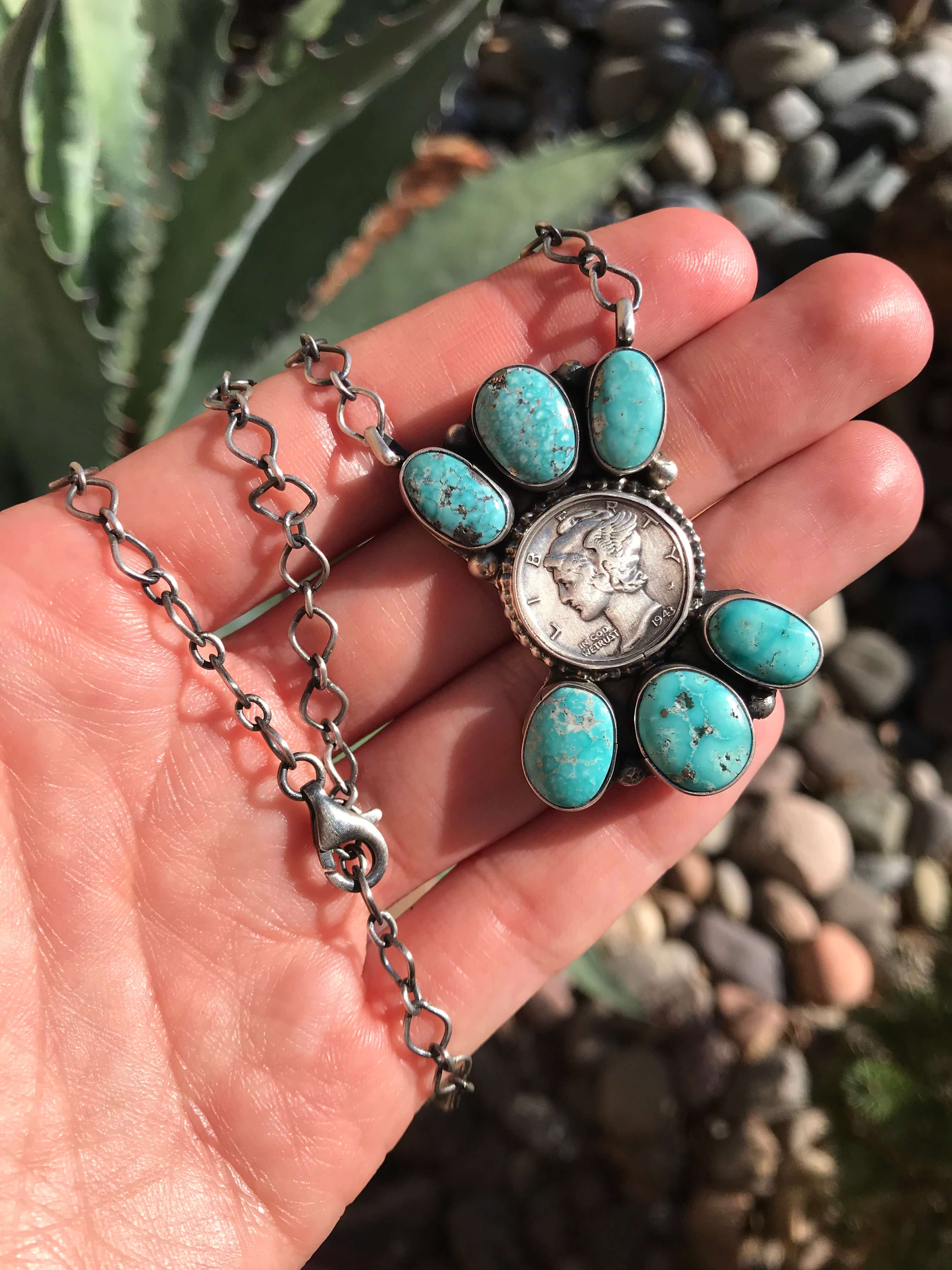 Popular Vintage Southwestern Mercury Dime Turquoise Silver Necklace