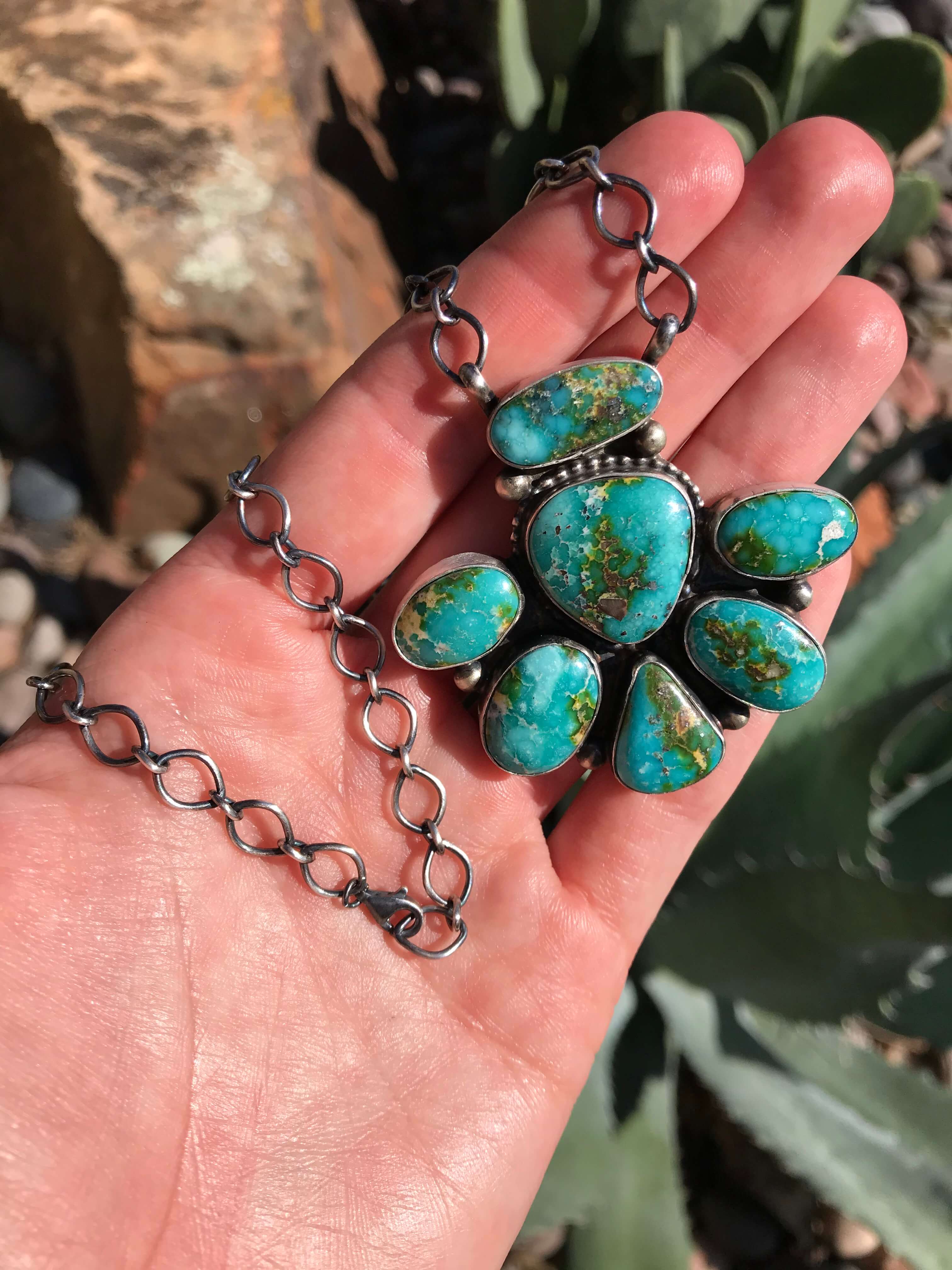 The Calvino Turquoise Cluster Necklace, 3-Necklaces-Calli Co., Turquoise and Silver Jewelry, Native American Handmade, Zuni Tribe, Navajo Tribe, Brock Texas