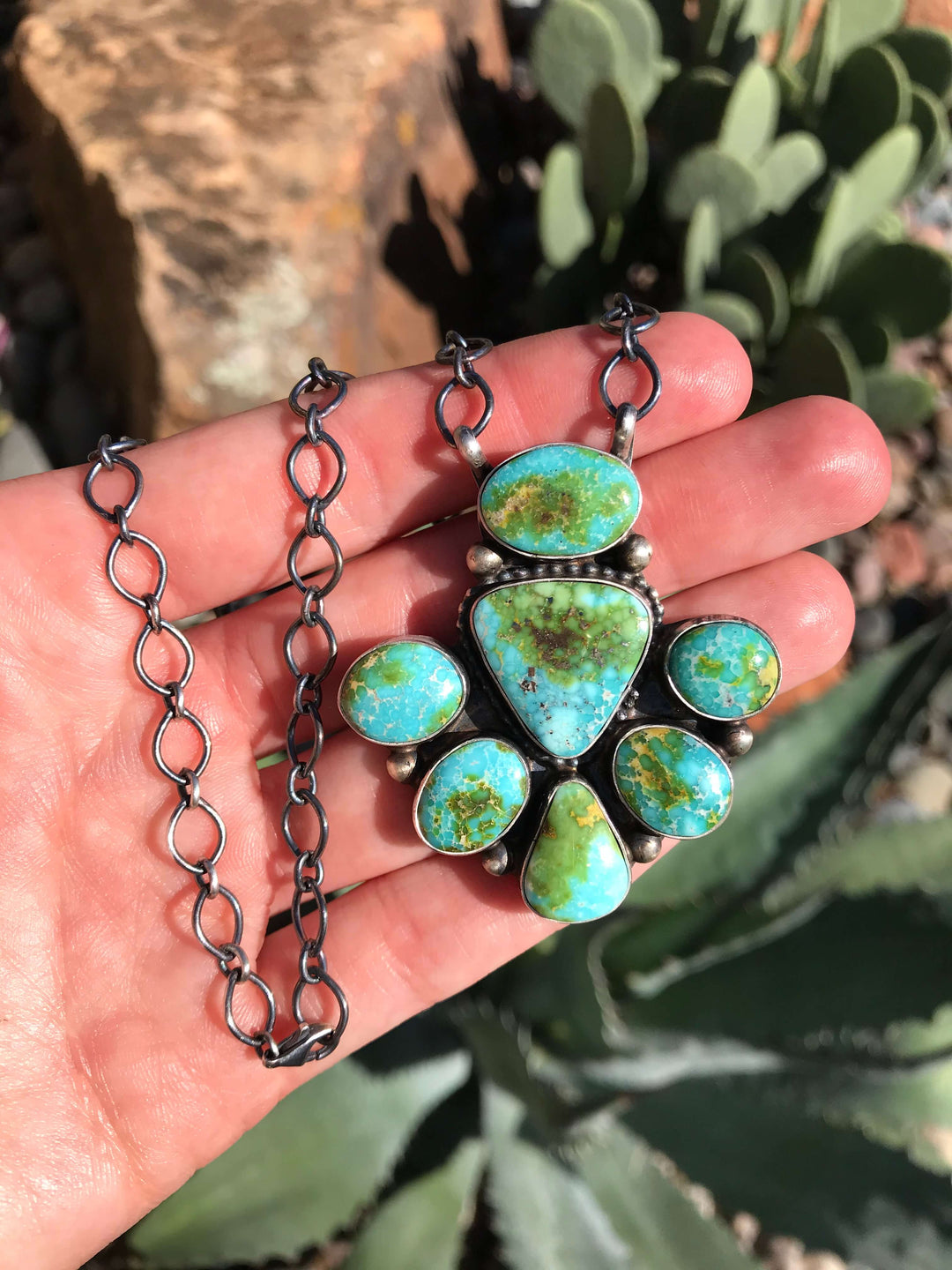 The Calvino Turquoise Cluster Necklace, 2-Necklaces-Calli Co., Turquoise and Silver Jewelry, Native American Handmade, Zuni Tribe, Navajo Tribe, Brock Texas