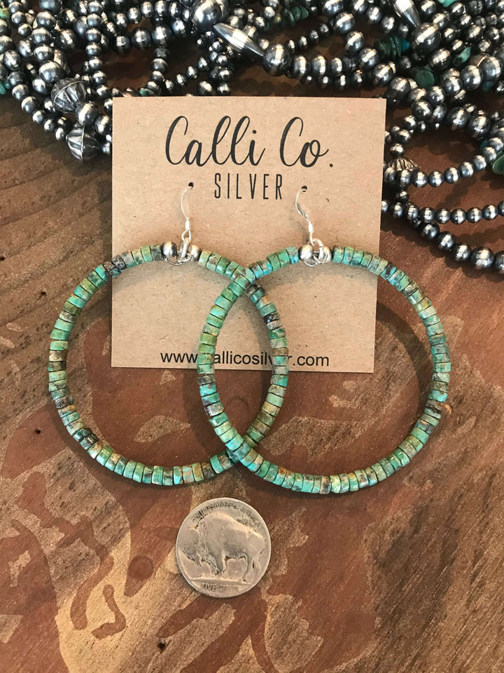 The Odessa Turquoise Hoop Earrings in Green-Earrings-Calli Co., Turquoise and Silver Jewelry, Native American Handmade, Zuni Tribe, Navajo Tribe, Brock Texas