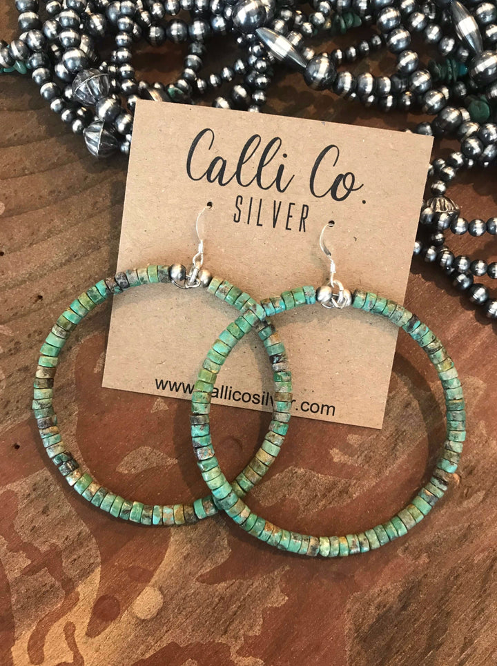 The Odessa Turquoise Hoop Earrings in Green-Earrings-Calli Co., Turquoise and Silver Jewelry, Native American Handmade, Zuni Tribe, Navajo Tribe, Brock Texas