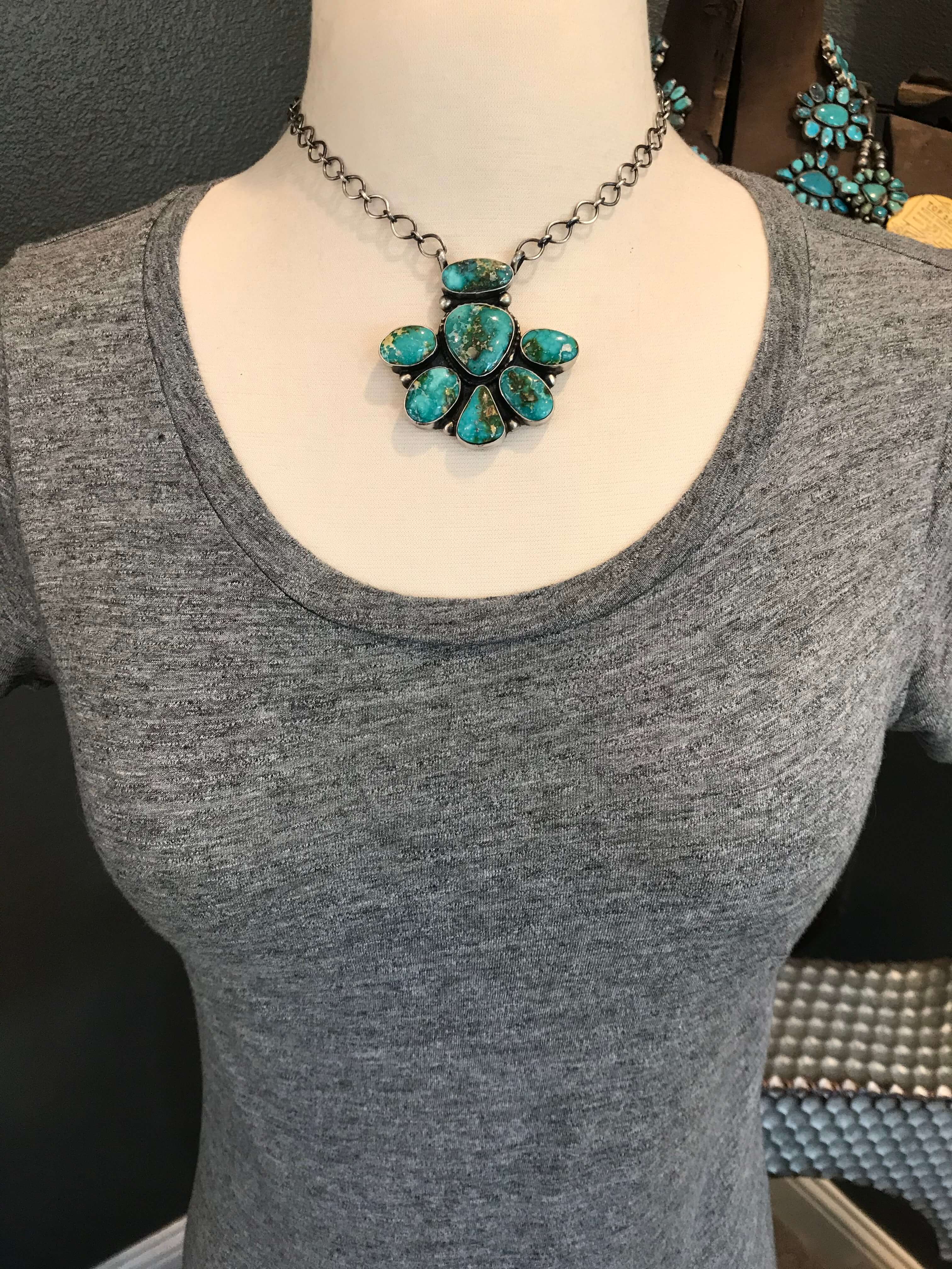 Southwestern SS & Turquoise Cluster fashion Pendant Only