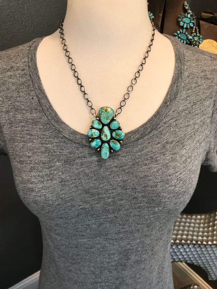 The Calvino Turquoise Cluster Necklace, 1-Necklaces-Calli Co., Turquoise and Silver Jewelry, Native American Handmade, Zuni Tribe, Navajo Tribe, Brock Texas