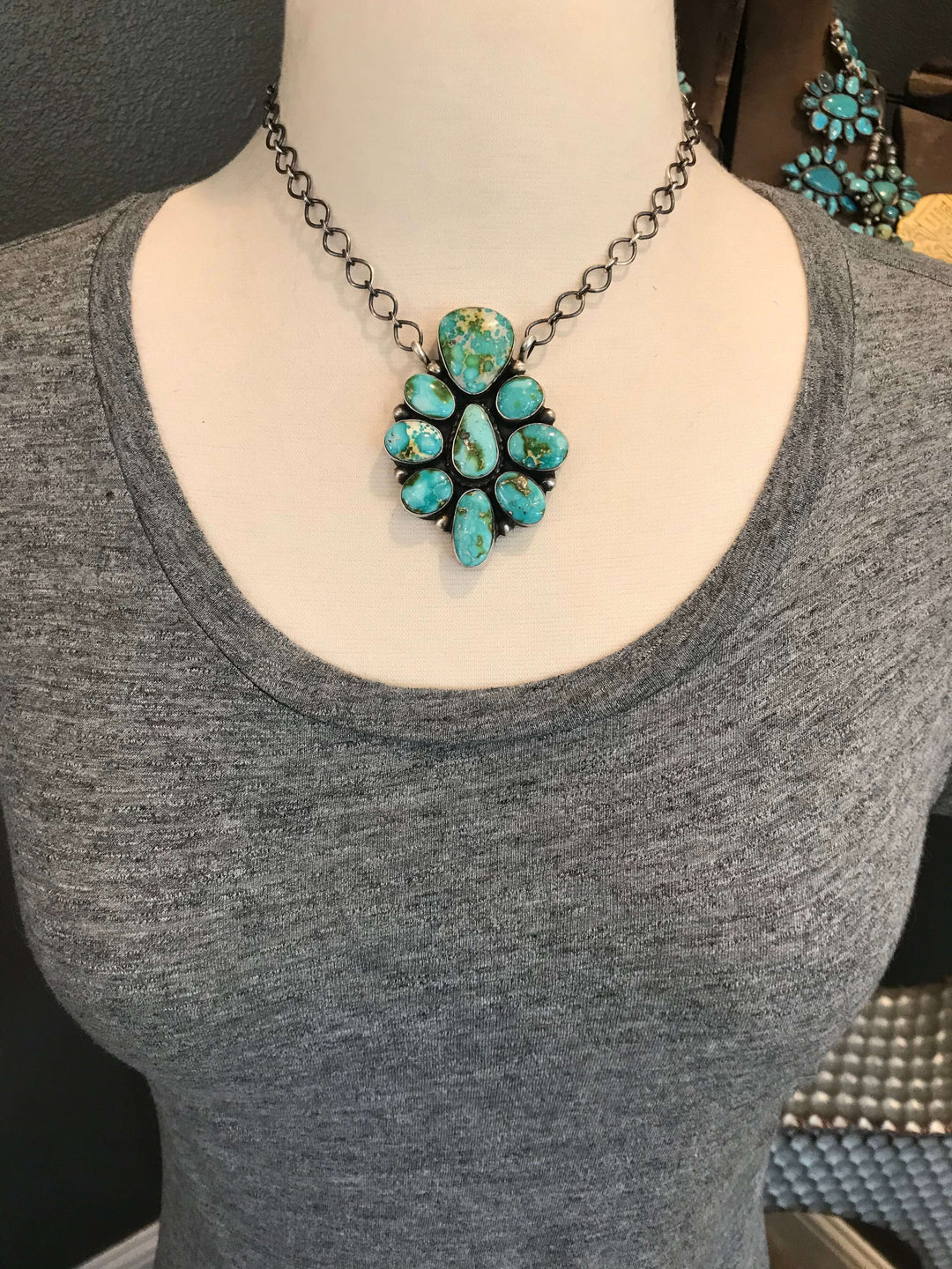 The Calvino Turquoise Cluster Necklace, 1-Necklaces-Calli Co., Turquoise and Silver Jewelry, Native American Handmade, Zuni Tribe, Navajo Tribe, Brock Texas
