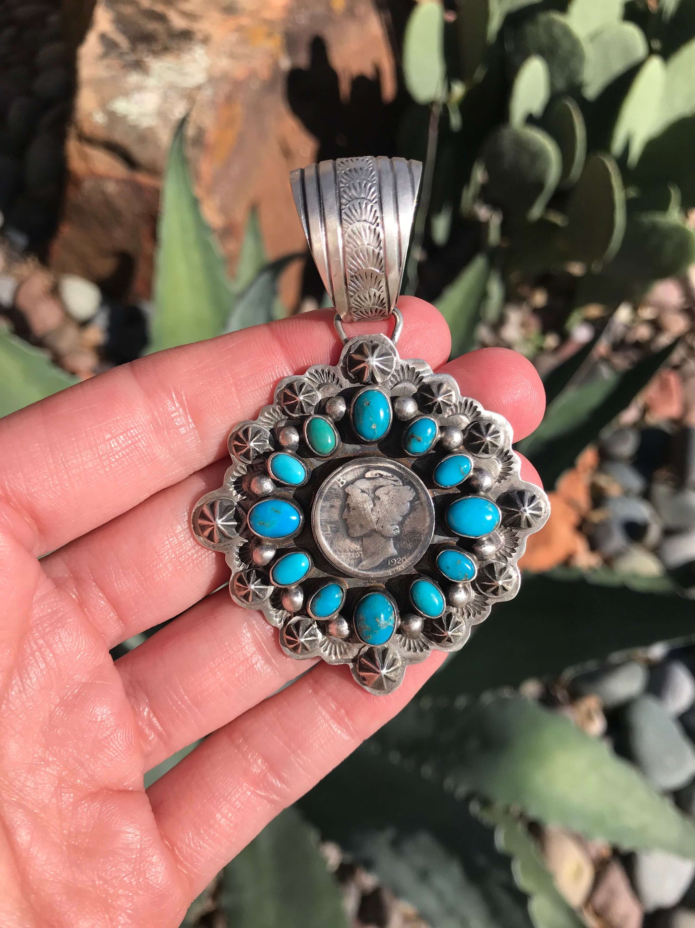 The Abriell Turquoise and Mercury Dime Pendant-Pendants-Calli Co., Turquoise and Silver Jewelry, Native American Handmade, Zuni Tribe, Navajo Tribe, Brock Texas