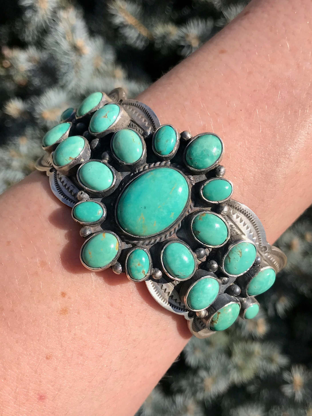 The Dallas Turquoise Cluster Cuff-Bracelets & Cuffs-Calli Co., Turquoise and Silver Jewelry, Native American Handmade, Zuni Tribe, Navajo Tribe, Brock Texas