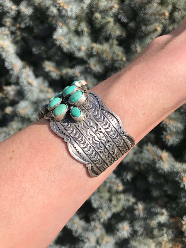 The Dallas Turquoise Cluster Cuff-Bracelets & Cuffs-Calli Co., Turquoise and Silver Jewelry, Native American Handmade, Zuni Tribe, Navajo Tribe, Brock Texas