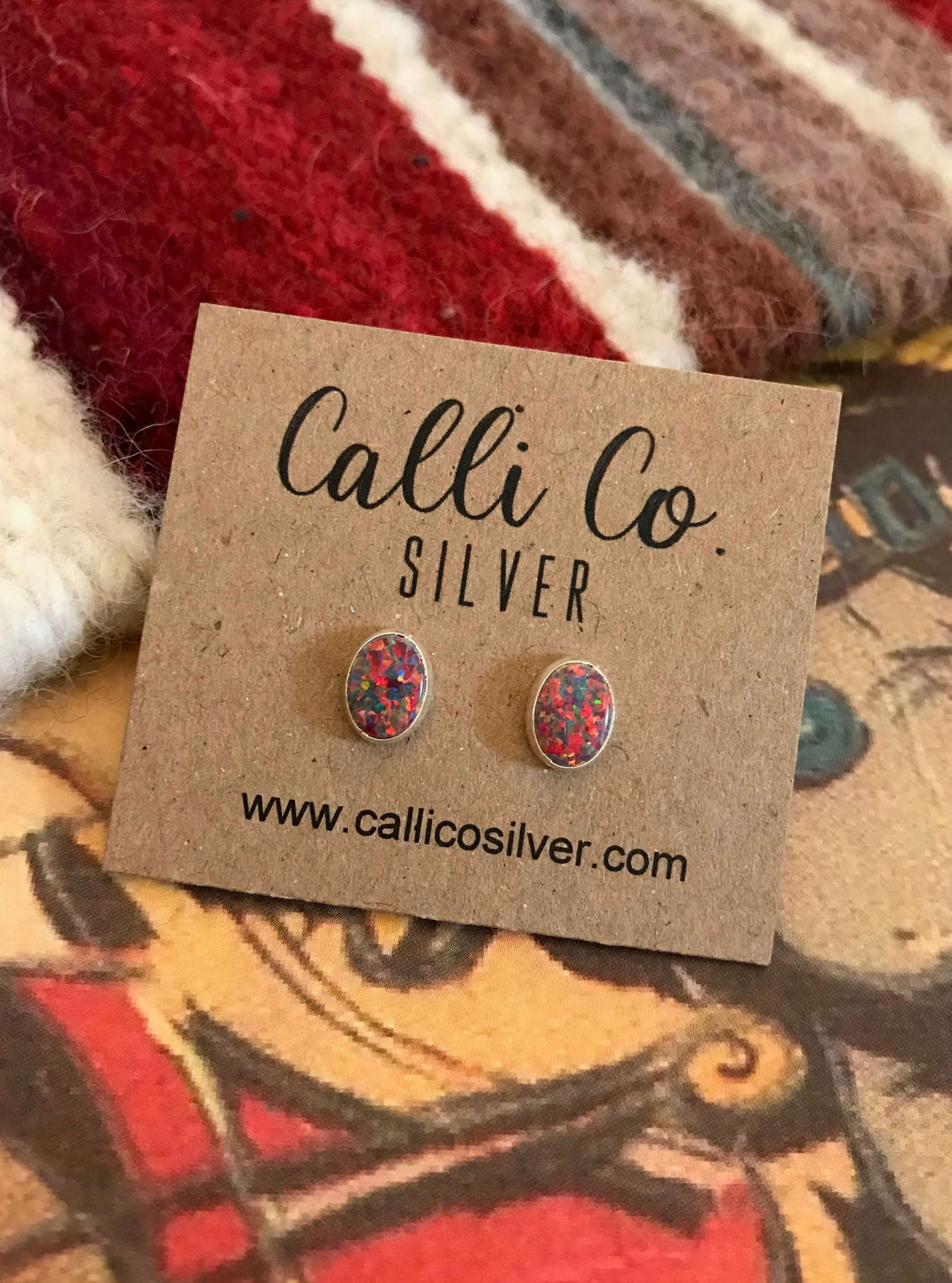 The Petite Studs- Oval Fire Opal-Earrings-Calli Co., Turquoise and Silver Jewelry, Native American Handmade, Zuni Tribe, Navajo Tribe, Brock Texas