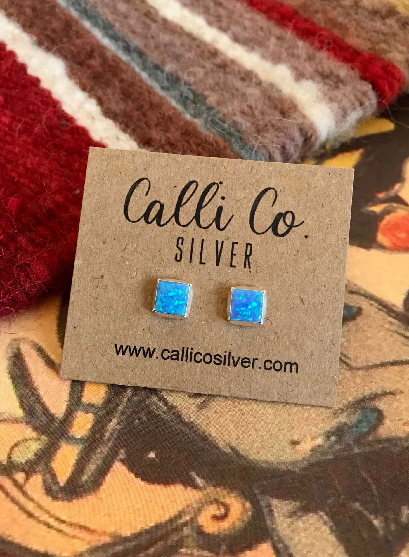 The Petite Studs- Square Blue Opal-Earrings-Calli Co., Turquoise and Silver Jewelry, Native American Handmade, Zuni Tribe, Navajo Tribe, Brock Texas