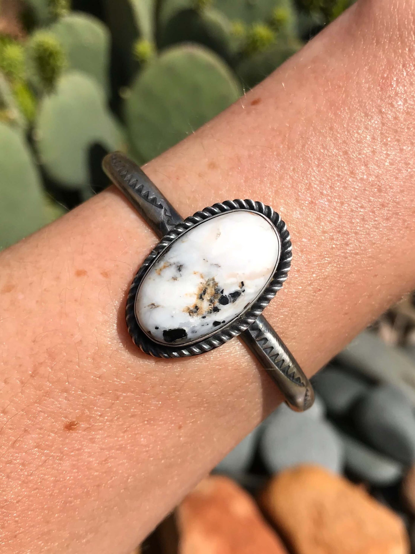 The Wolfforth White Buffalo Cuff, 2-Bracelets & Cuffs-Calli Co., Turquoise and Silver Jewelry, Native American Handmade, Zuni Tribe, Navajo Tribe, Brock Texas
