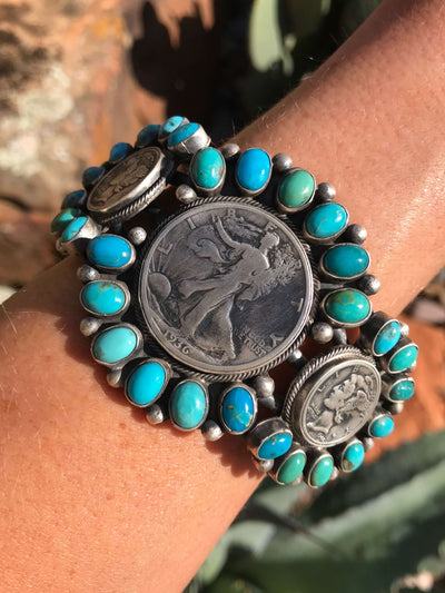 The 1936 Turquoise Cuff-Bracelets & Cuffs-Calli Co., Turquoise and Silver Jewelry, Native American Handmade, Zuni Tribe, Navajo Tribe, Brock Texas
