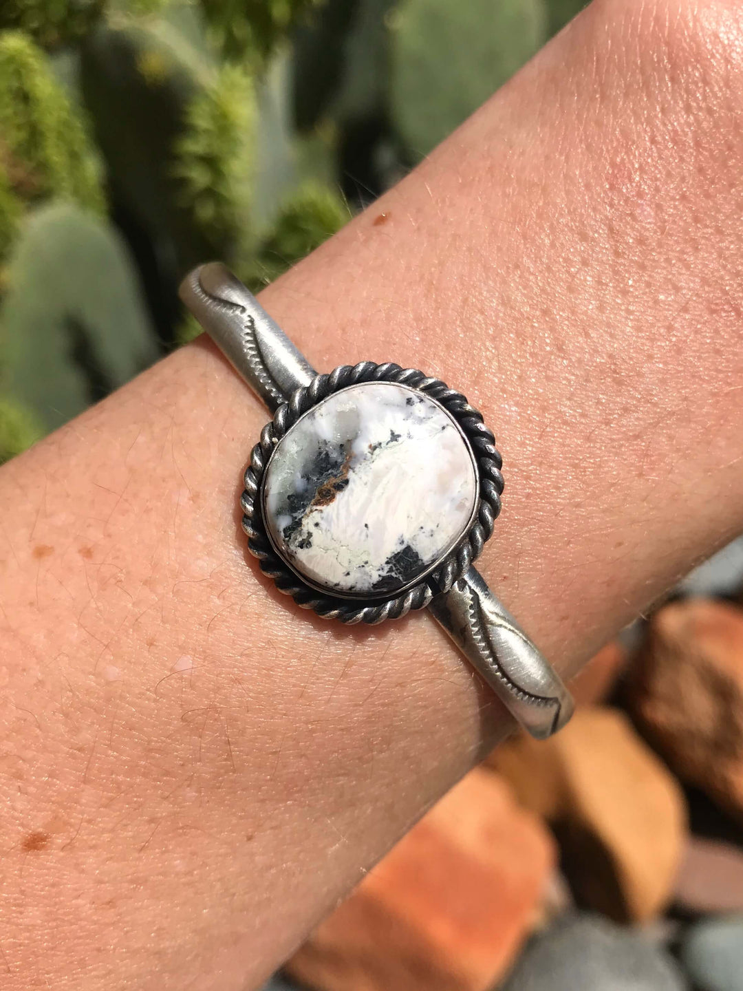 The Wolfforth White Buffalo Cuff, 3-Bracelets & Cuffs-Calli Co., Turquoise and Silver Jewelry, Native American Handmade, Zuni Tribe, Navajo Tribe, Brock Texas