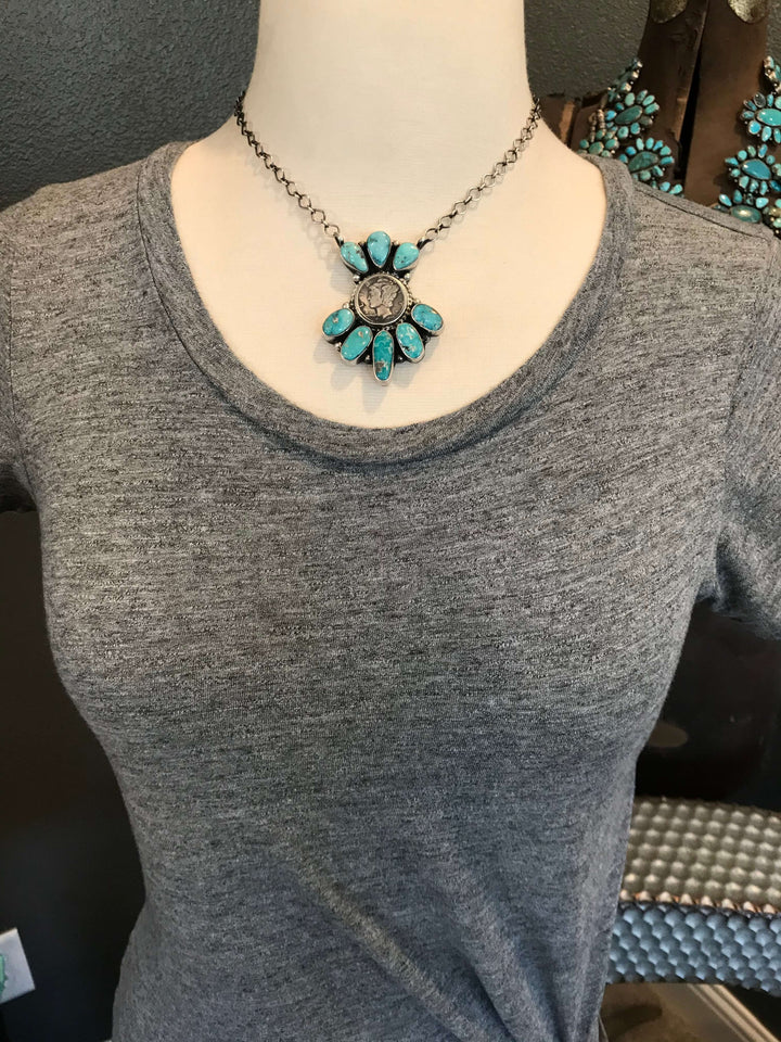 The Duke Mercury Dime Necklace, 1-Necklaces-Calli Co., Turquoise and Silver Jewelry, Native American Handmade, Zuni Tribe, Navajo Tribe, Brock Texas