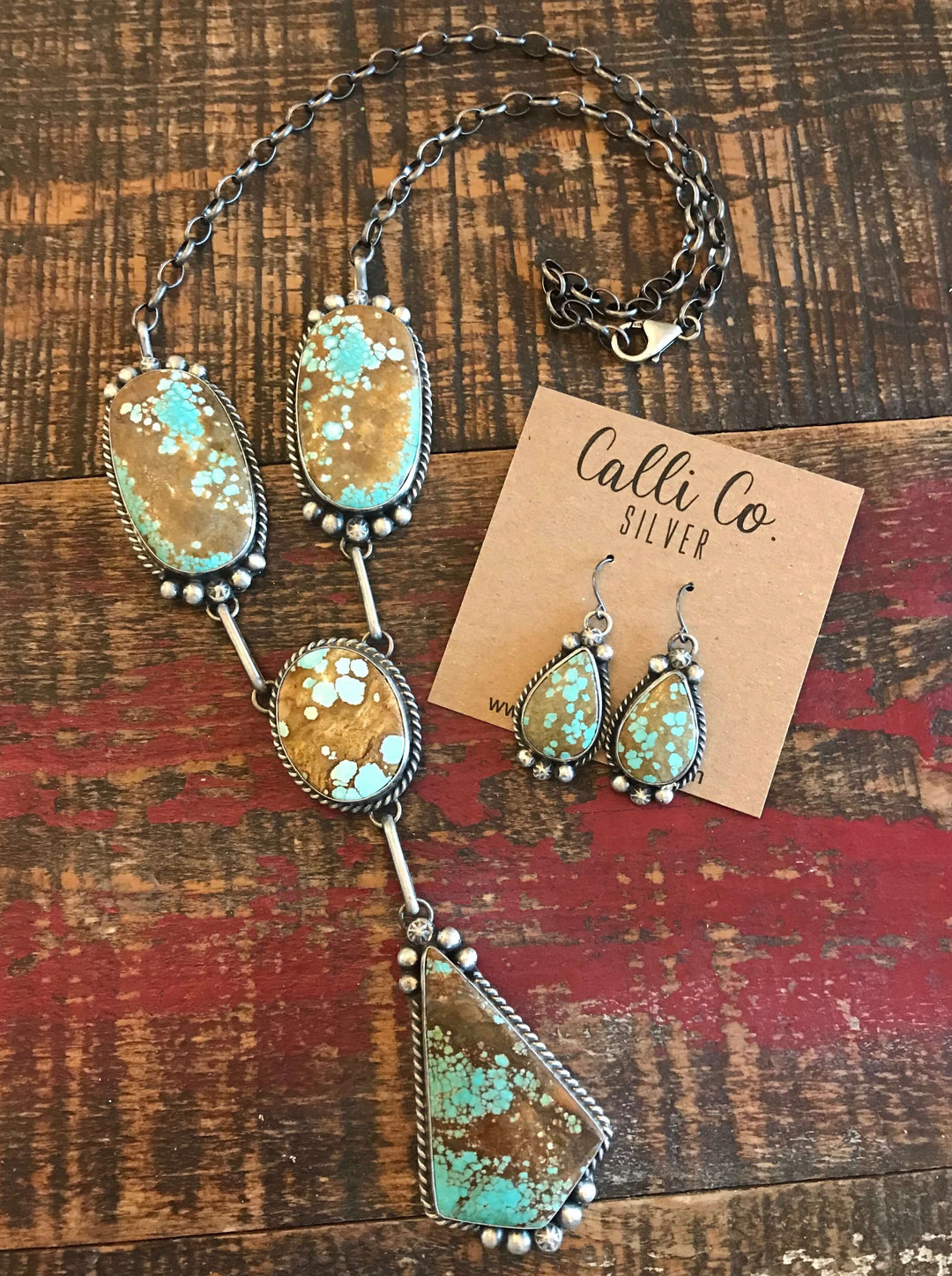 The Sedalia Number 8 Turquoise Lariat Necklace Set-Necklaces-Calli Co., Turquoise and Silver Jewelry, Native American Handmade, Zuni Tribe, Navajo Tribe, Brock Texas