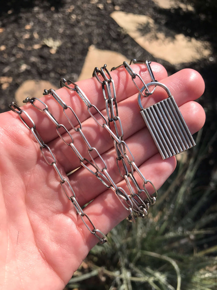 The Grande Sterling Silver Lock Pendant-Pendants-Calli Co., Turquoise and Silver Jewelry, Native American Handmade, Zuni Tribe, Navajo Tribe, Brock Texas