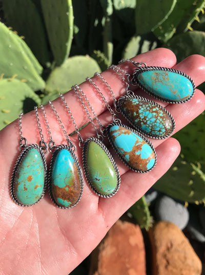 The Cinna Turquoise Teardrop Necklaces-Necklaces-Calli Co., Turquoise and Silver Jewelry, Native American Handmade, Zuni Tribe, Navajo Tribe, Brock Texas