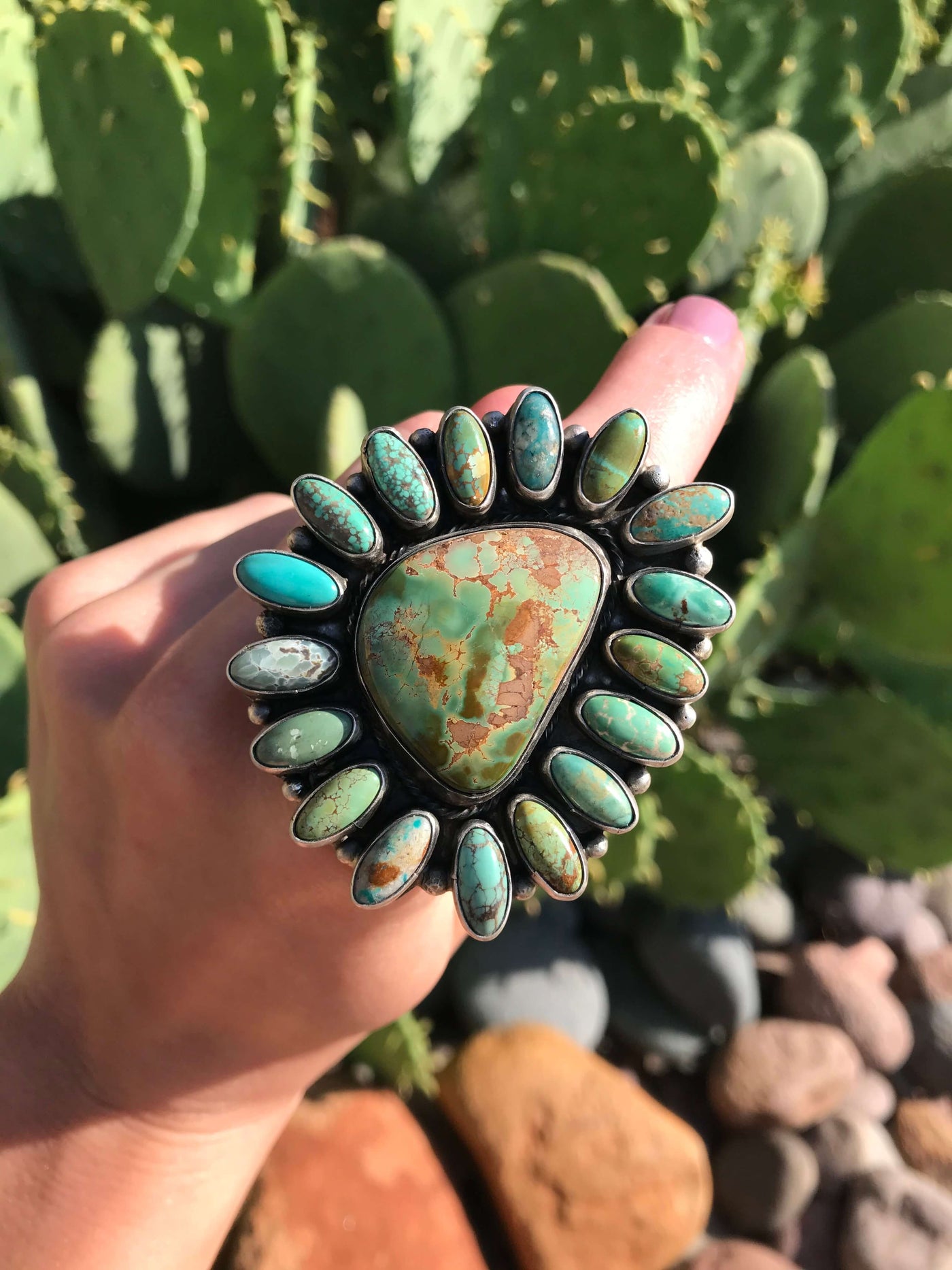 The Santo Turquoise Cluster Ring, Sz. 8.5-Rings-Calli Co., Turquoise and Silver Jewelry, Native American Handmade, Zuni Tribe, Navajo Tribe, Brock Texas