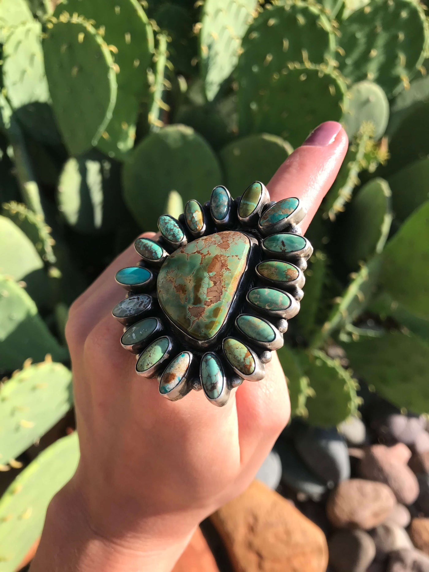 The Santo Turquoise Cluster Ring, Sz. 8.5-Rings-Calli Co., Turquoise and Silver Jewelry, Native American Handmade, Zuni Tribe, Navajo Tribe, Brock Texas