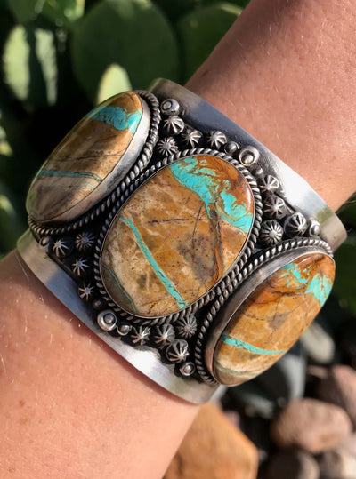 The Boulder 3 Stone Statement Cuff-Bracelets & Cuffs-Calli Co., Turquoise and Silver Jewelry, Native American Handmade, Zuni Tribe, Navajo Tribe, Brock Texas