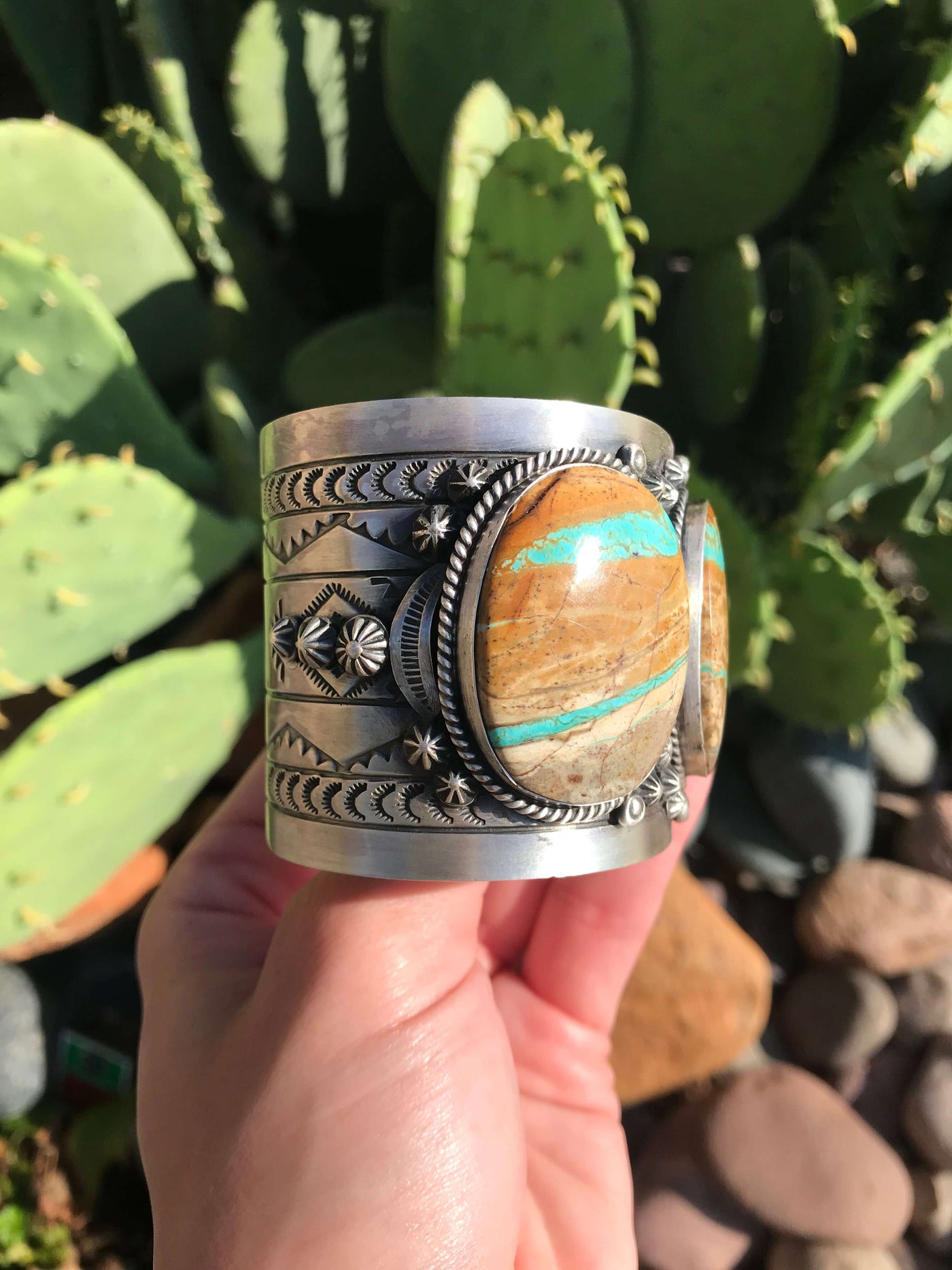 The Boulder 3 Stone Statement Cuff-Bracelets & Cuffs-Calli Co., Turquoise and Silver Jewelry, Native American Handmade, Zuni Tribe, Navajo Tribe, Brock Texas