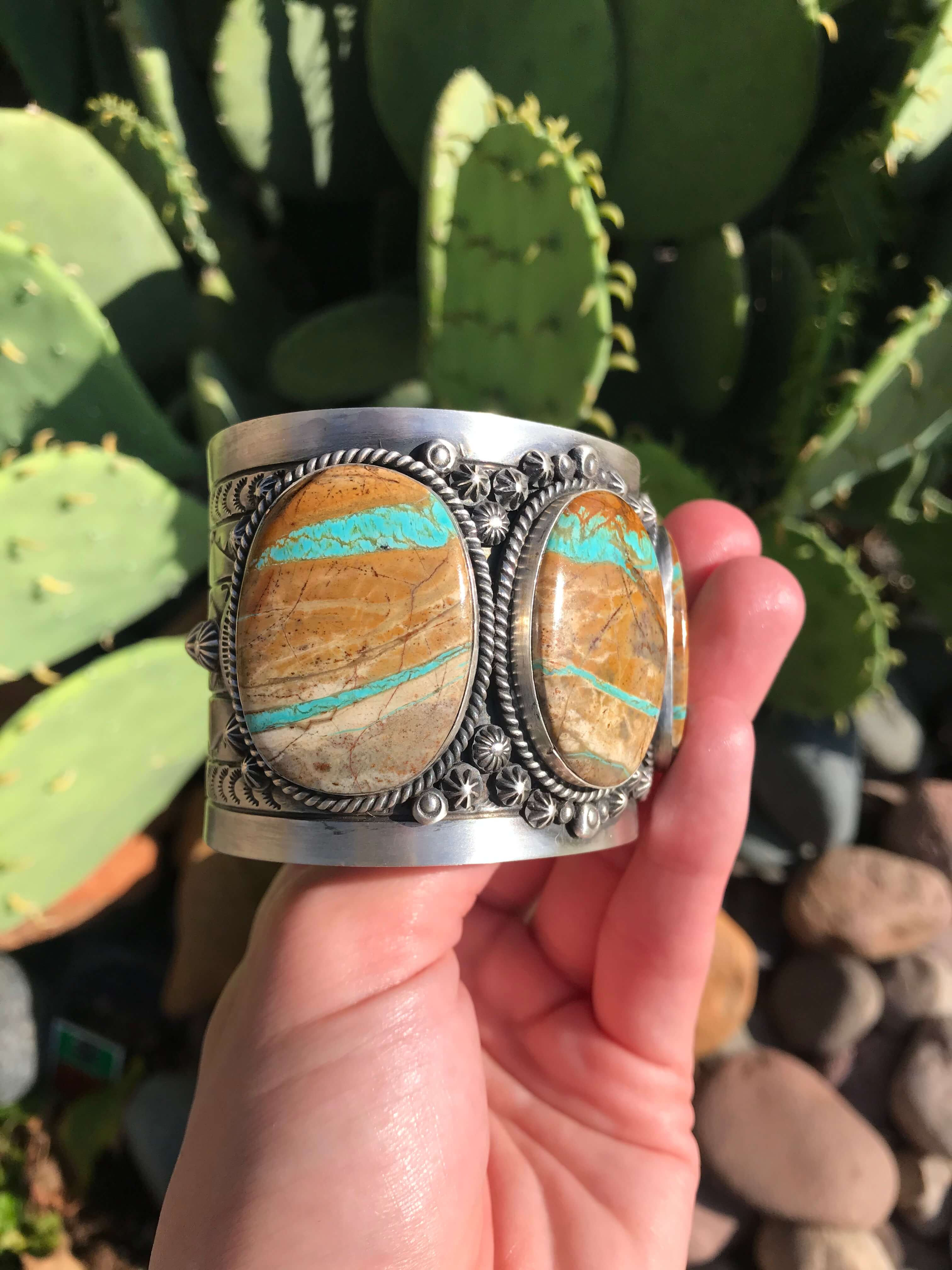 The Boulder 3 Stone Statement Cuff-Bracelets & Cuffs-Calli Co., Turquoise and Silver Jewelry, Native American Handmade, Zuni Tribe, Navajo Tribe, Brock Texas