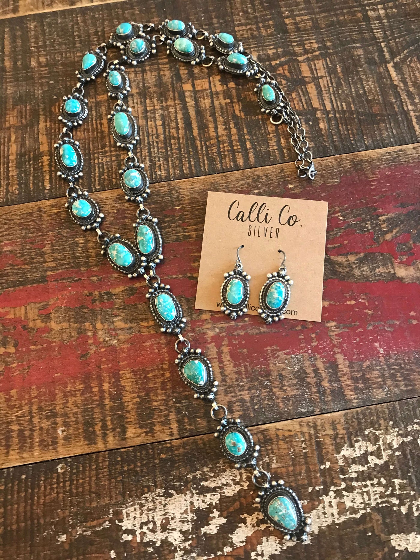 The White Water Turquoise Lariat Necklace Set-Necklaces-Calli Co., Turquoise and Silver Jewelry, Native American Handmade, Zuni Tribe, Navajo Tribe, Brock Texas