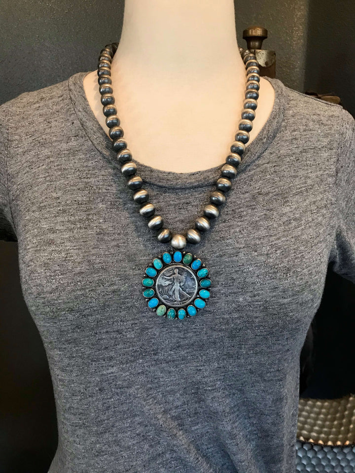 The 1944 Turquoise Coin Necklace-Necklaces-Calli Co., Turquoise and Silver Jewelry, Native American Handmade, Zuni Tribe, Navajo Tribe, Brock Texas