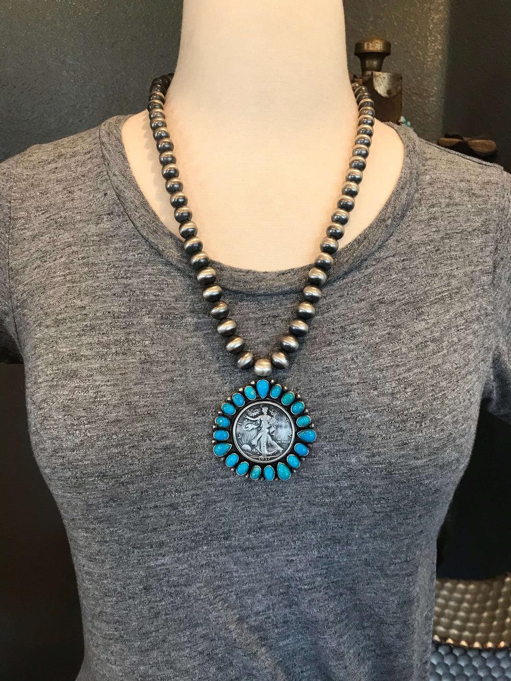 The 1937 Turquoise Coin Necklace-Necklaces-Calli Co., Turquoise and Silver Jewelry, Native American Handmade, Zuni Tribe, Navajo Tribe, Brock Texas