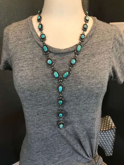 The White Water Turquoise Lariat Necklace Set-Necklaces-Calli Co., Turquoise and Silver Jewelry, Native American Handmade, Zuni Tribe, Navajo Tribe, Brock Texas