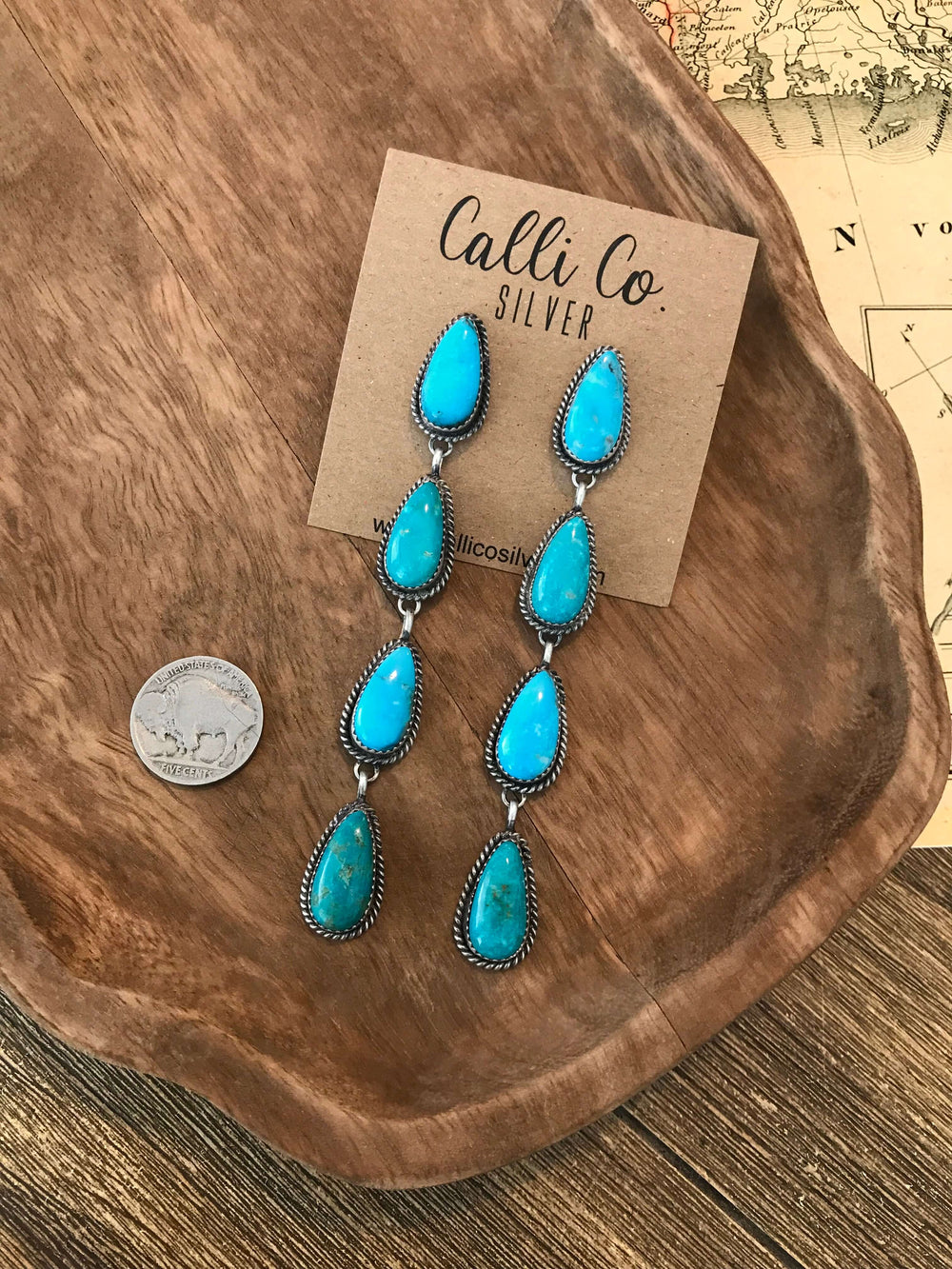 The 4 Stone Drop Earrings, 3-Earrings-Calli Co., Turquoise and Silver Jewelry, Native American Handmade, Zuni Tribe, Navajo Tribe, Brock Texas
