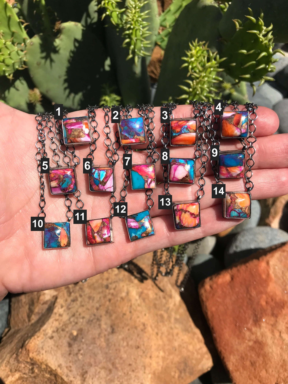 The Dahlia Square Necklaces-Necklaces-Calli Co., Turquoise and Silver Jewelry, Native American Handmade, Zuni Tribe, Navajo Tribe, Brock Texas