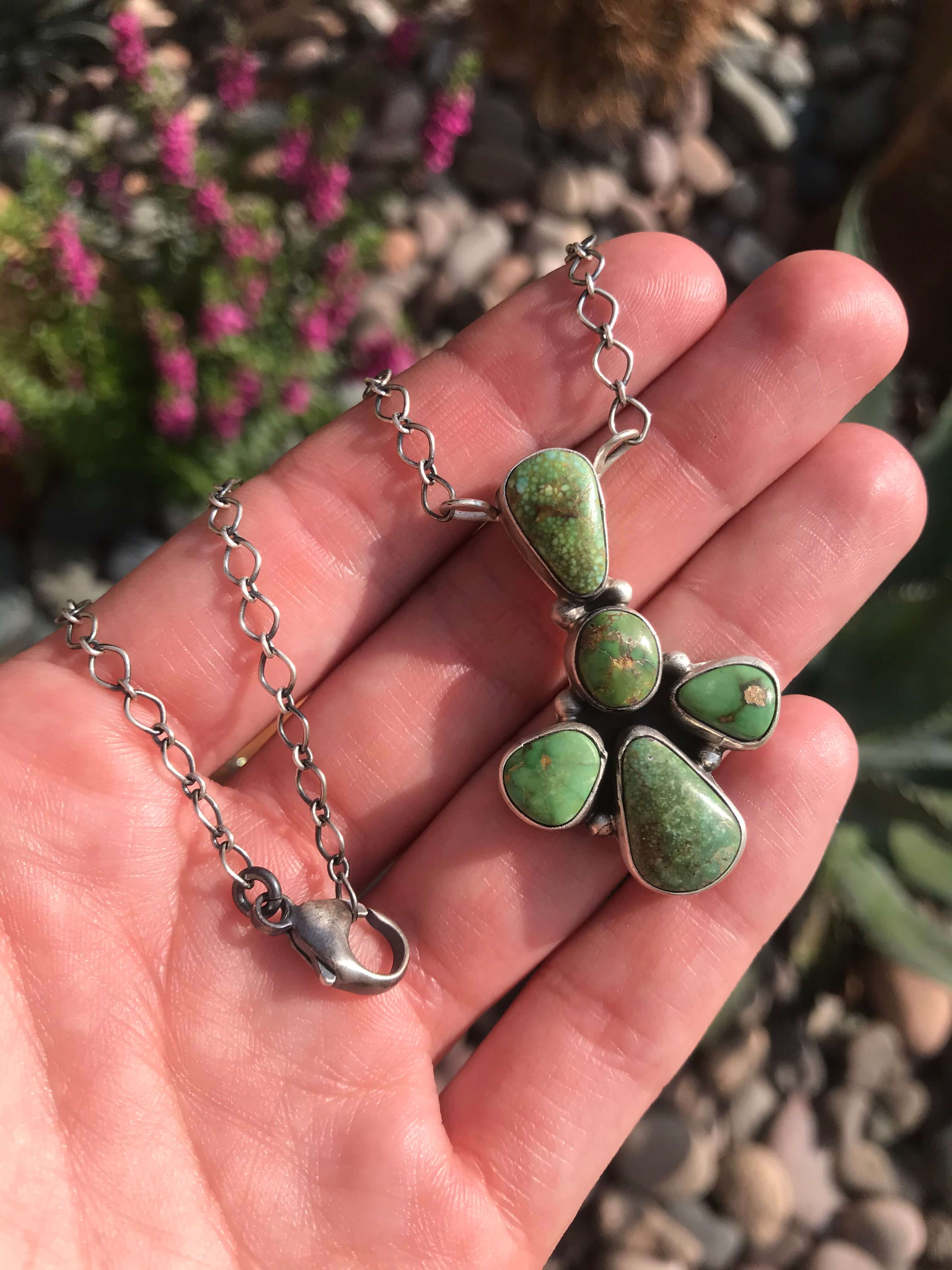 The Turquoise Totem Necklace, 1-Necklaces-Calli Co., Turquoise and Silver Jewelry, Native American Handmade, Zuni Tribe, Navajo Tribe, Brock Texas