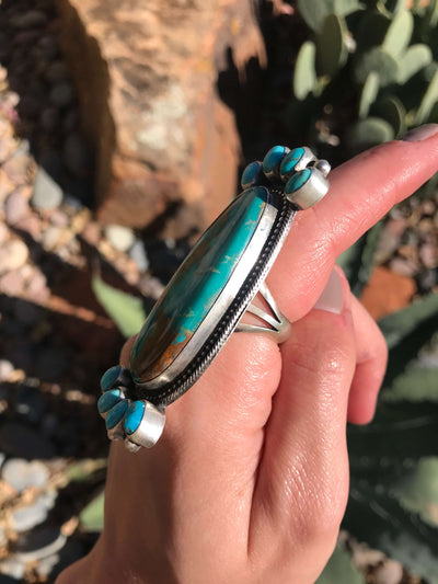 The Medora Turquoise Statement Ring, Sz 8-Rings-Calli Co., Turquoise and Silver Jewelry, Native American Handmade, Zuni Tribe, Navajo Tribe, Brock Texas