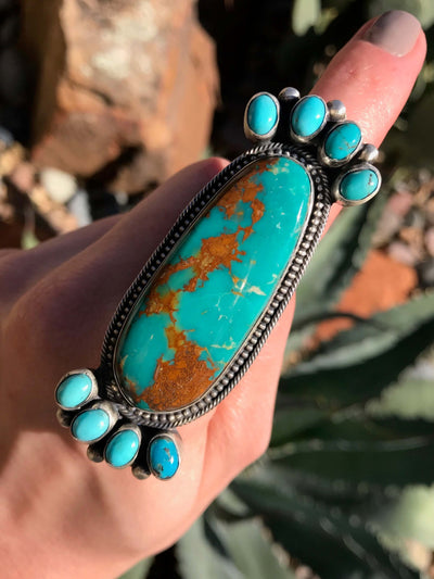 The Medora Turquoise Statement Ring, Sz 8-Rings-Calli Co., Turquoise and Silver Jewelry, Native American Handmade, Zuni Tribe, Navajo Tribe, Brock Texas