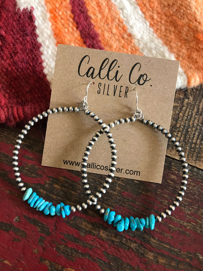 The Arizola Turquoise and Pearl Hoops-Earrings-Calli Co., Turquoise and Silver Jewelry, Native American Handmade, Zuni Tribe, Navajo Tribe, Brock Texas