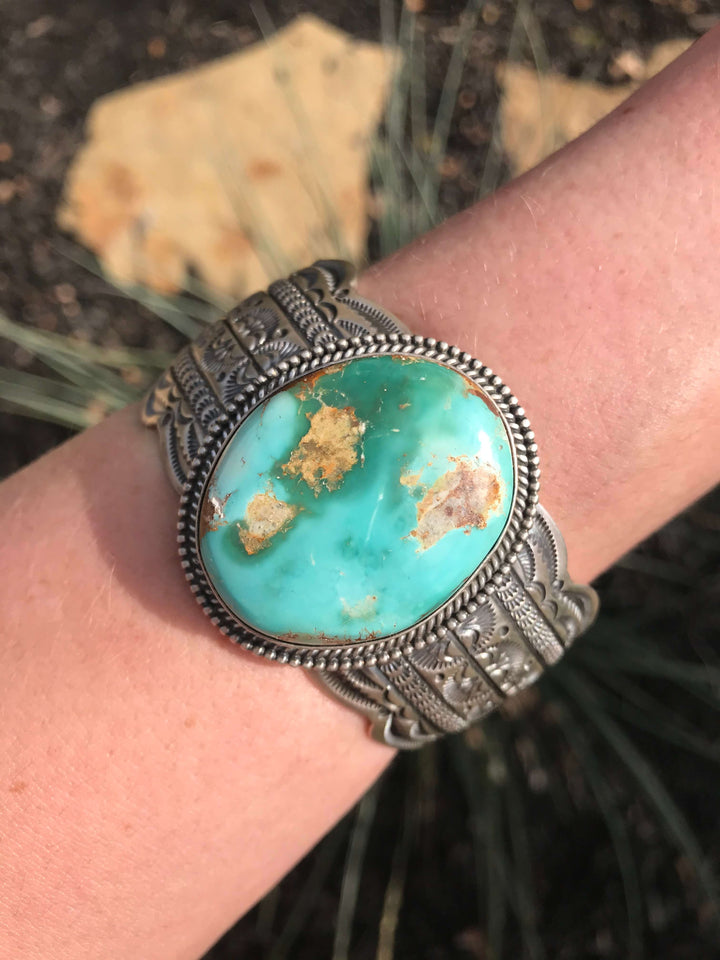 The Santorini Royston Turquoise Cuff-Bracelets & Cuffs-Calli Co., Turquoise and Silver Jewelry, Native American Handmade, Zuni Tribe, Navajo Tribe, Brock Texas
