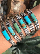 The Kingman Turquoise Bar Cuffs-Bracelets & Cuffs-Calli Co., Turquoise and Silver Jewelry, Native American Handmade, Zuni Tribe, Navajo Tribe, Brock Texas