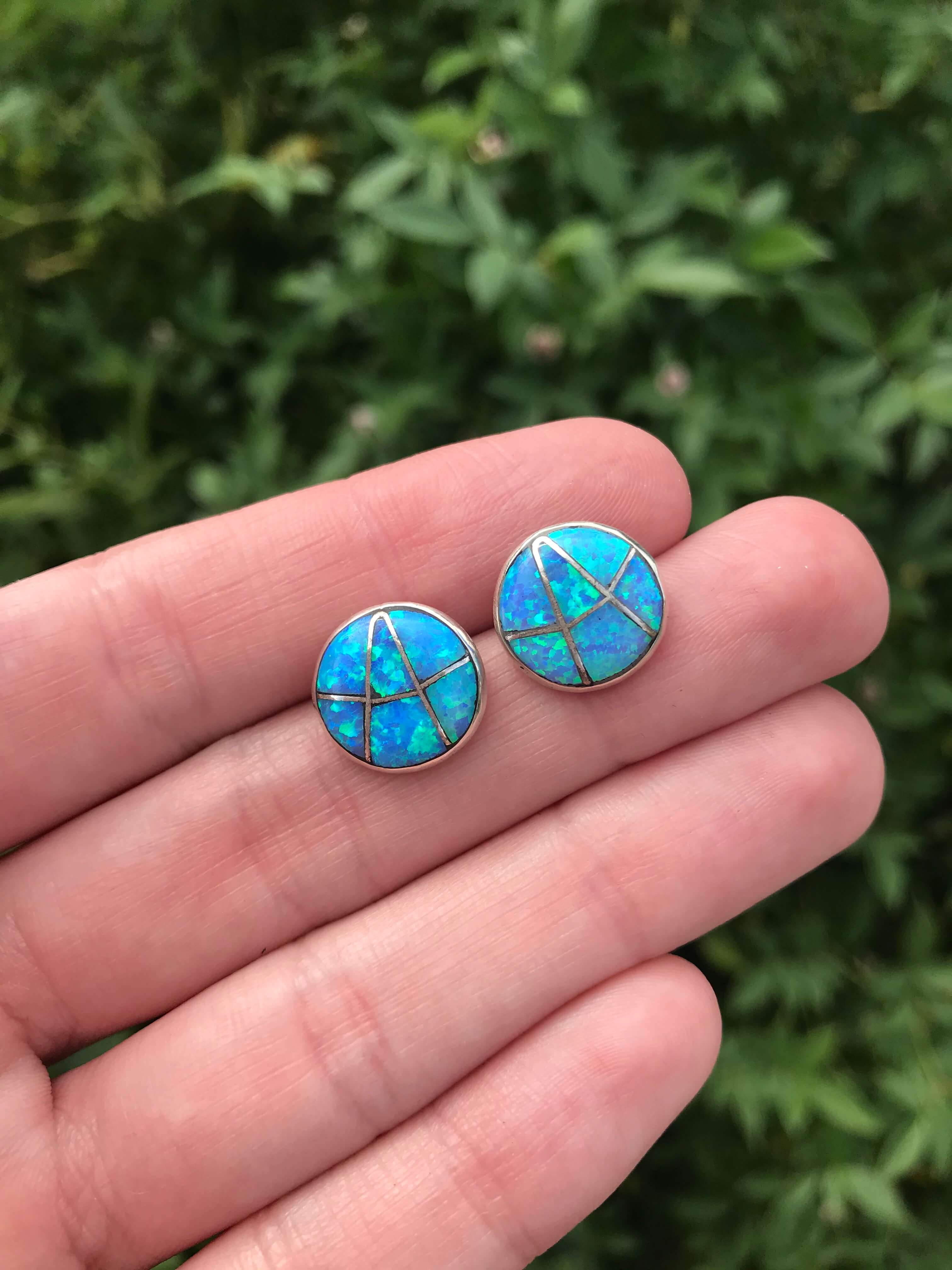 The Paris Inlay Studs in Blue Opal-Earrings-Calli Co., Turquoise and Silver Jewelry, Native American Handmade, Zuni Tribe, Navajo Tribe, Brock Texas