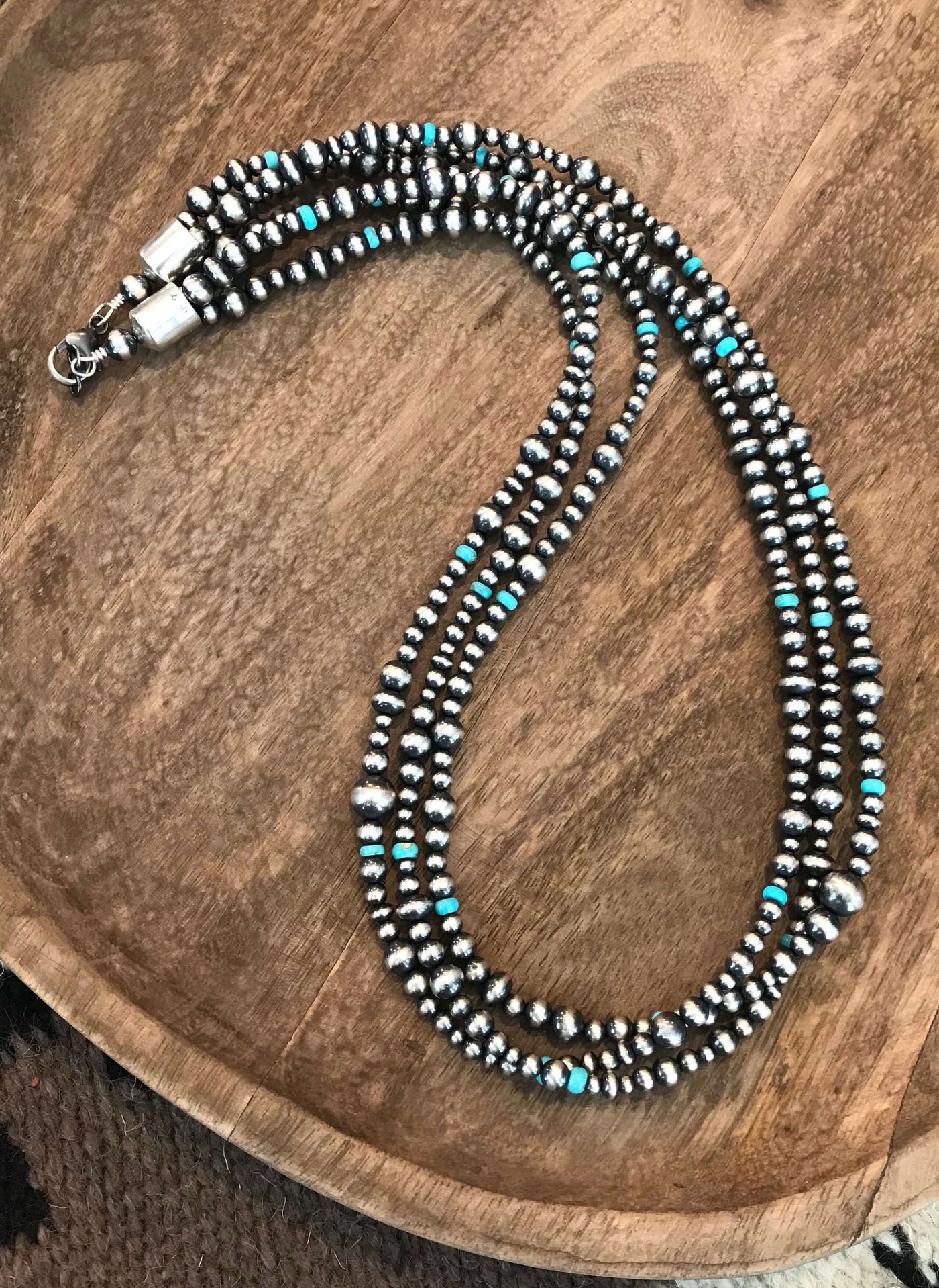 The Wayde Triple Strand Necklace, 24"-Necklaces-Calli Co., Turquoise and Silver Jewelry, Native American Handmade, Zuni Tribe, Navajo Tribe, Brock Texas