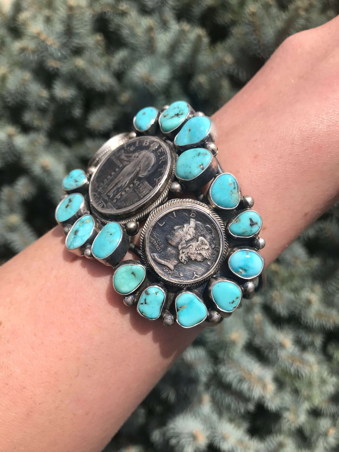 The Dollar & Dime Turquoise Cuff-Bracelets & Cuffs-Calli Co., Turquoise and Silver Jewelry, Native American Handmade, Zuni Tribe, Navajo Tribe, Brock Texas