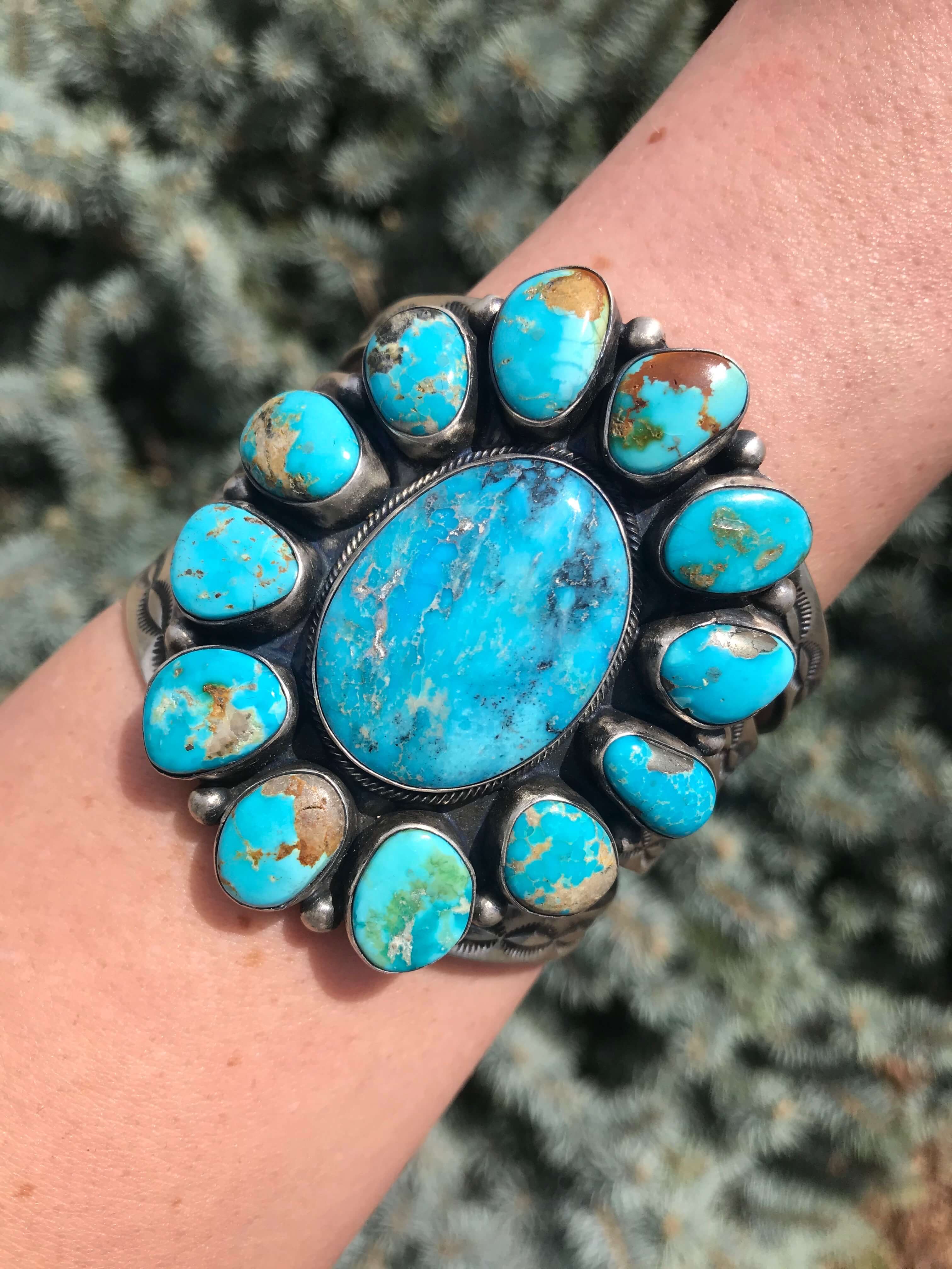 The South Hill Turquoise Cluster Cuff-Bracelets & Cuffs-Calli Co., Turquoise and Silver Jewelry, Native American Handmade, Zuni Tribe, Navajo Tribe, Brock Texas