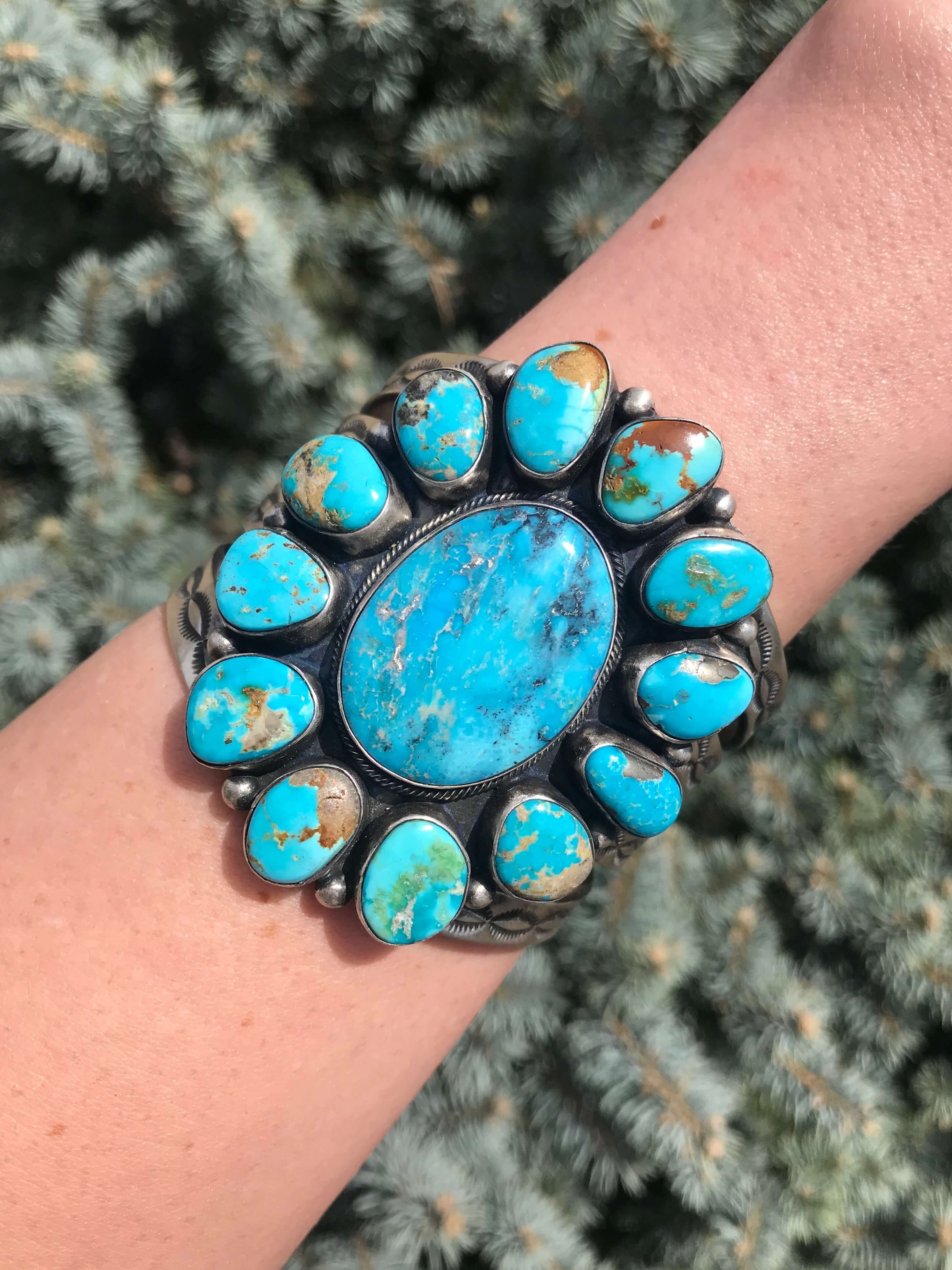 The South Hill Turquoise Cluster Cuff-Bracelets & Cuffs-Calli Co., Turquoise and Silver Jewelry, Native American Handmade, Zuni Tribe, Navajo Tribe, Brock Texas