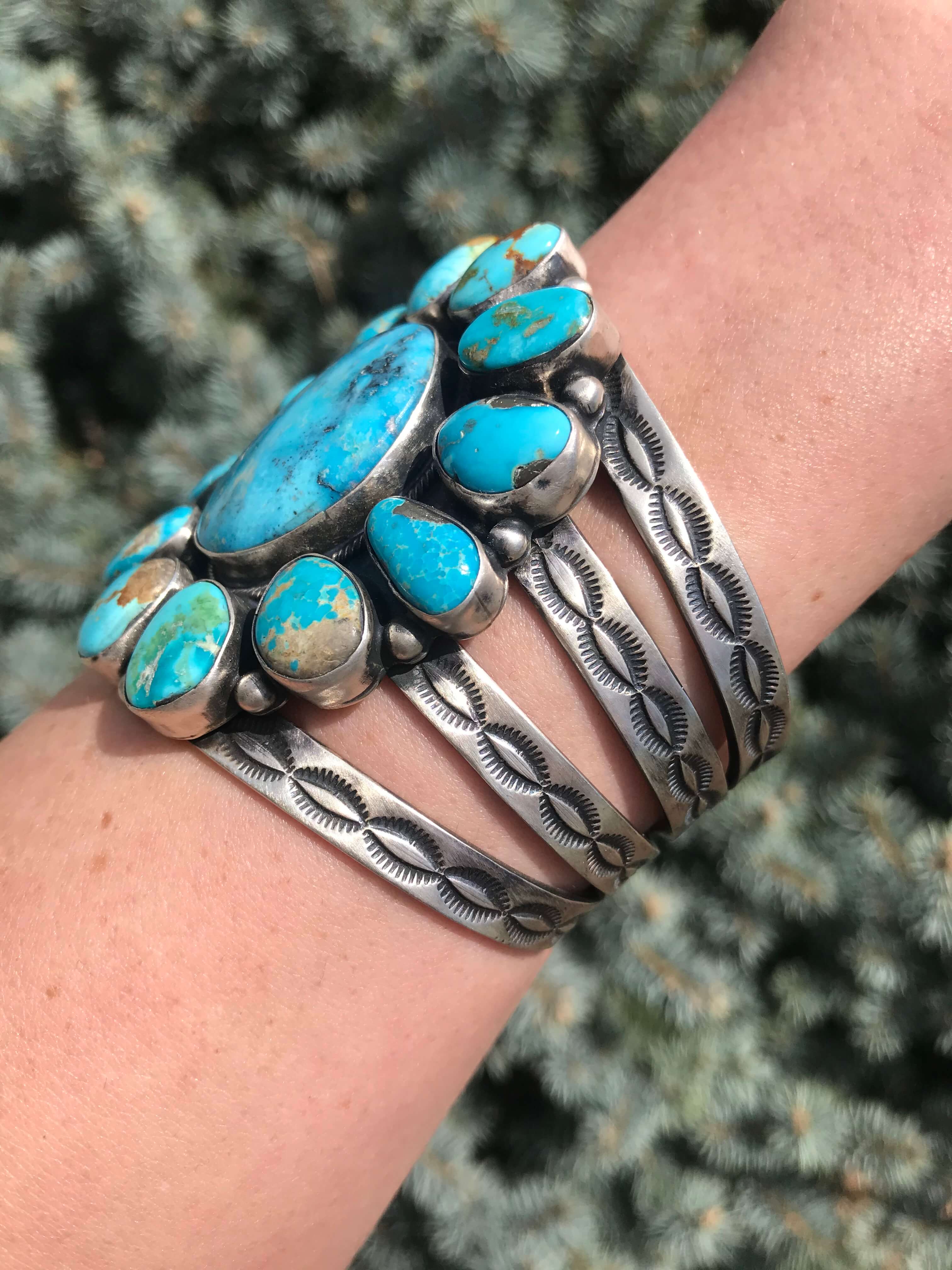 The South Hill Turquoise Cluster Cuff-Bracelets & Cuffs-Calli Co., Turquoise and Silver Jewelry, Native American Handmade, Zuni Tribe, Navajo Tribe, Brock Texas
