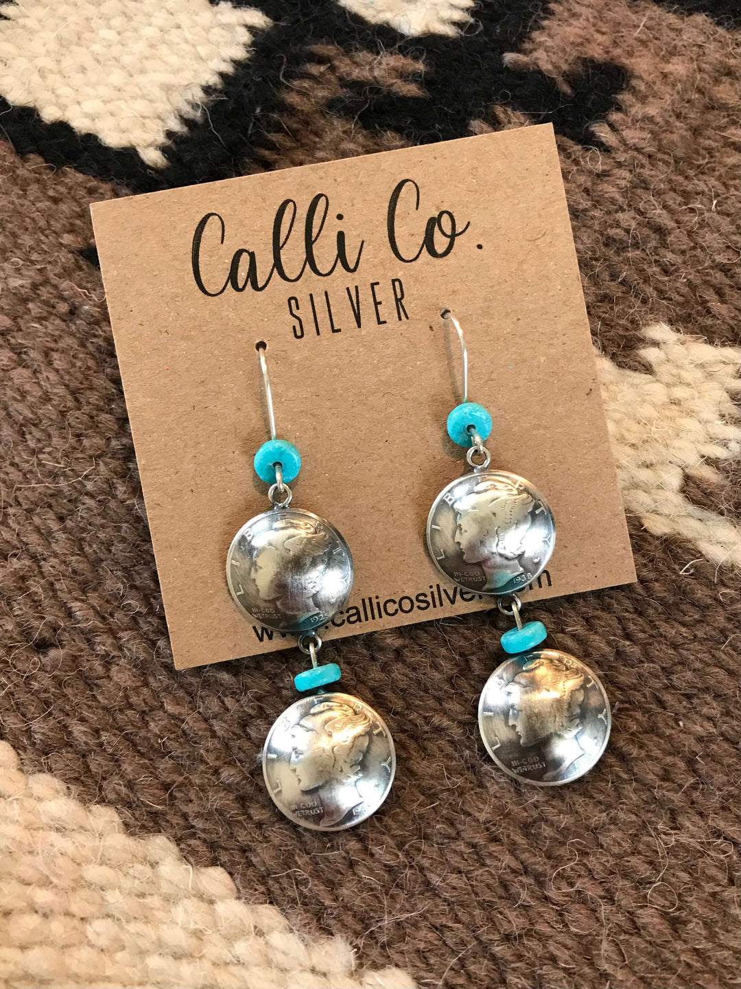 The Double Dime Earrings-Earrings-Calli Co., Turquoise and Silver Jewelry, Native American Handmade, Zuni Tribe, Navajo Tribe, Brock Texas